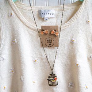 Orange Bird Necklace and bow earrings
